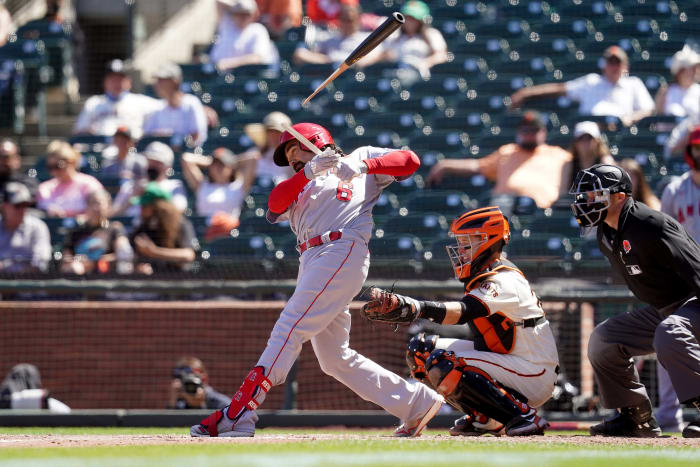 Angels infielder Anthony Rendon breaks his bat in a swing during a game against the SF Giants. (2021)